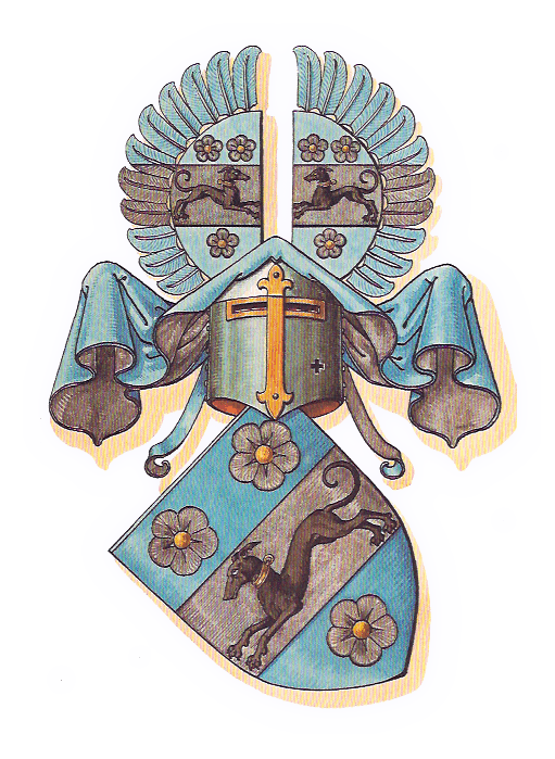 Vollständiges Wappen der Familie von Einem mit Helm und Helmzier